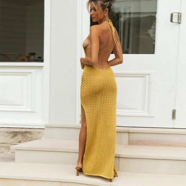 Fashion tight solid color knitted striped side slit dress for women