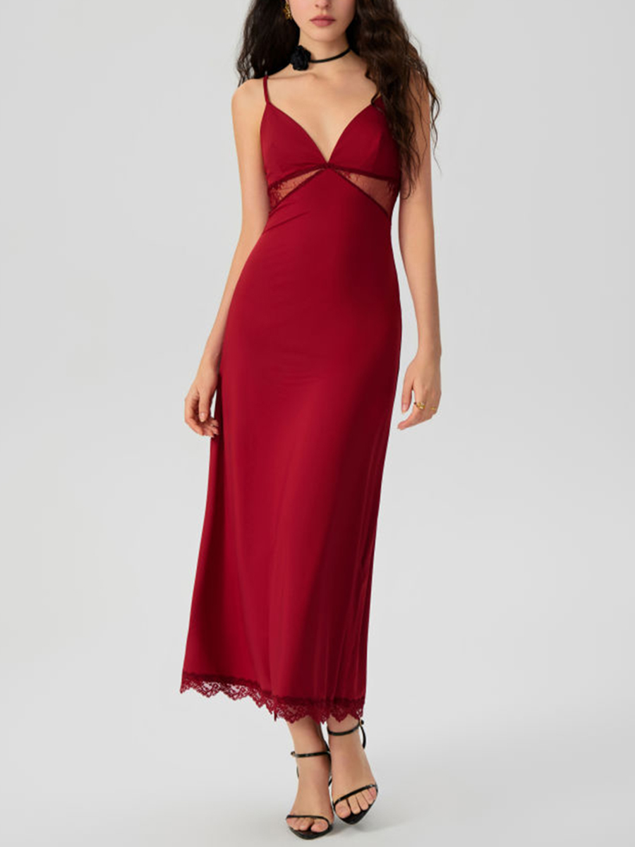 LACE HEM SATIN V-NECK MIDI DRESS