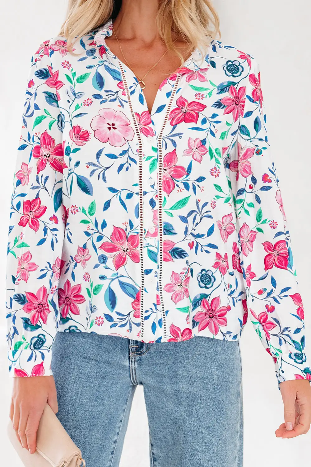 Floral Lace Trim Button Front Shirt Blouse