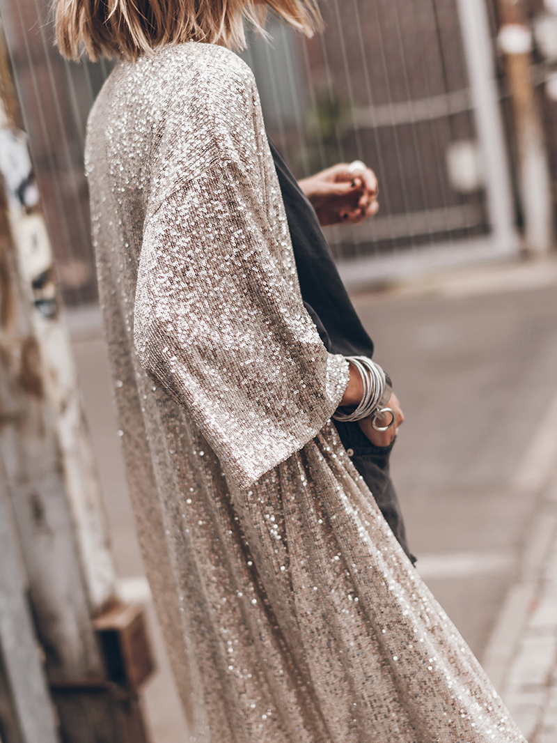 Sequin 3/4 Sleeve Open Front Duster Kimono