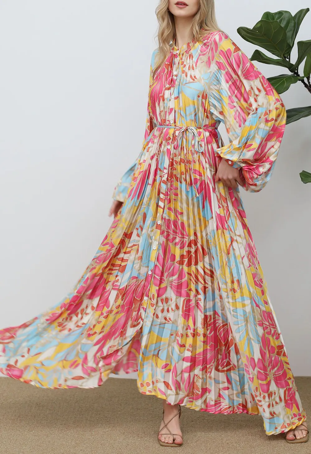 CORAL TROPICAL PRINTED FULL PLEATS BUTTON DOWN ASYMMETRIC MAXI DRESS