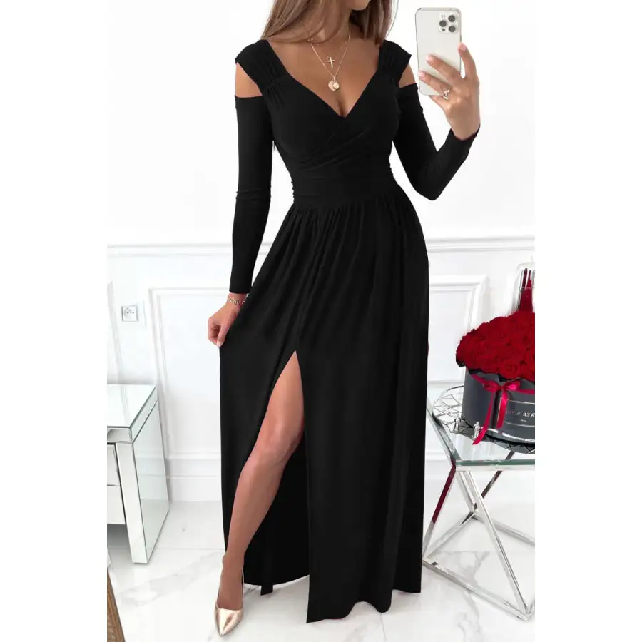 Slit Surplice Long Sleeve Maxi Dress