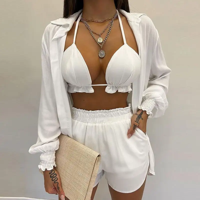 Long Sleeve Shirt Triangle Shorts Swim Bottoms