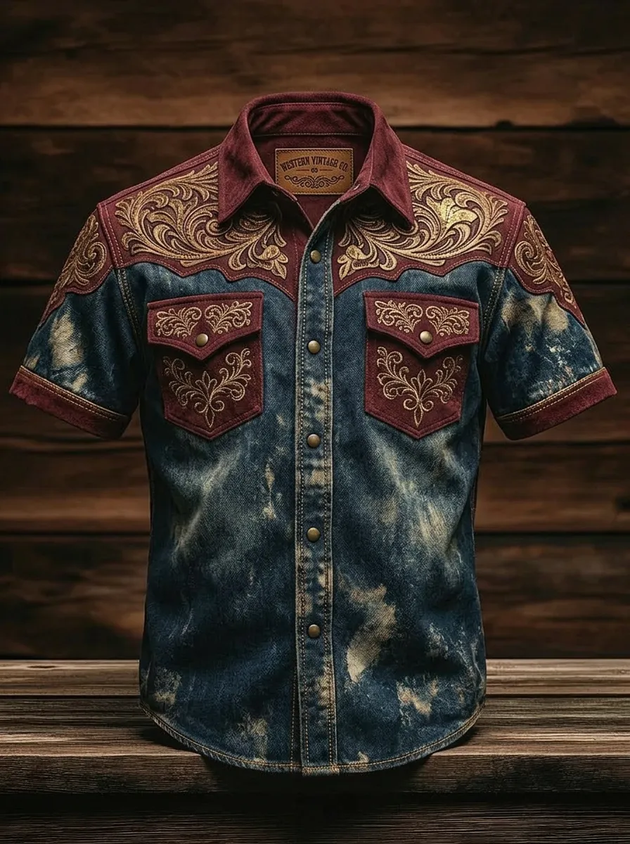 Men's Western Cowboy Floral Embroidered Acid Wash Printed Shirt