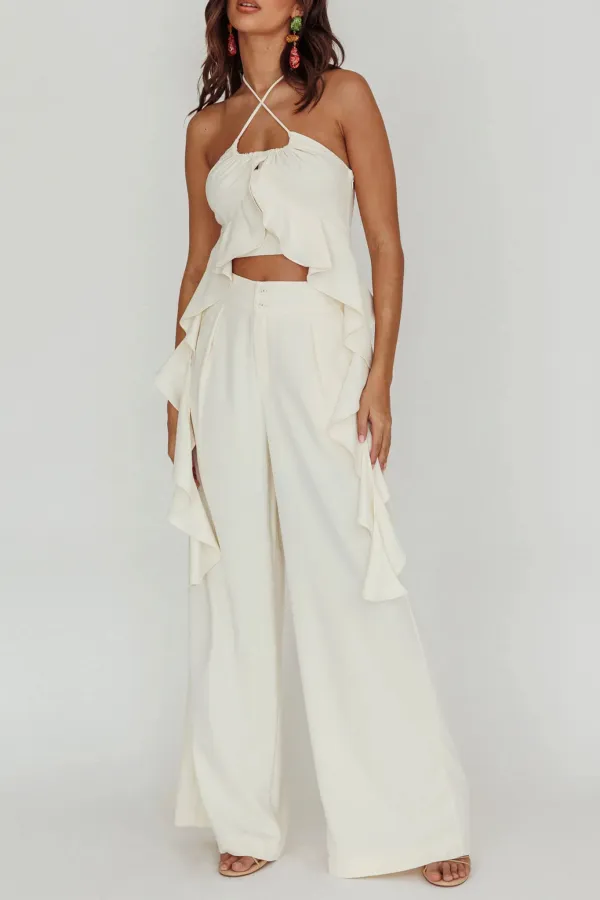 Slim-Fit Solid Color Wide-Leg Pants