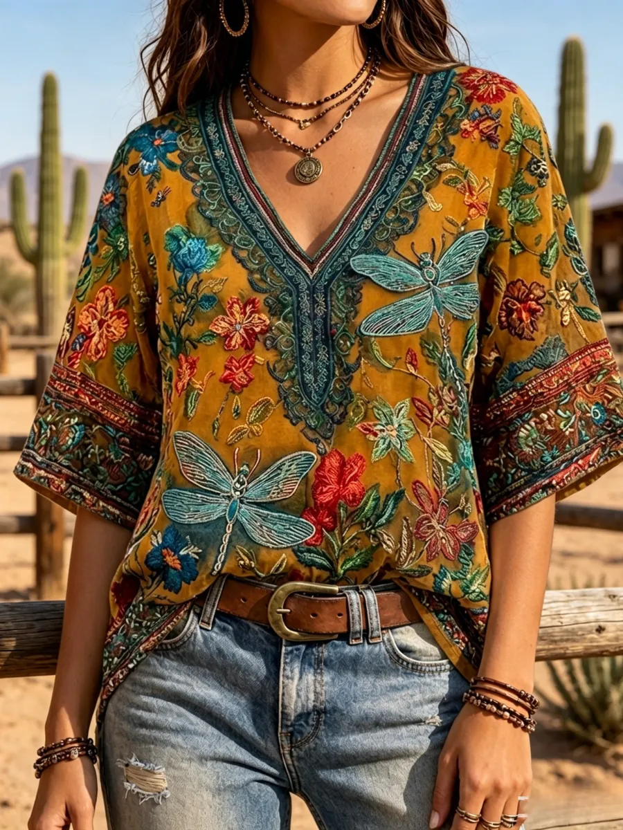 Women's Retro Western Art Printed Casual Top