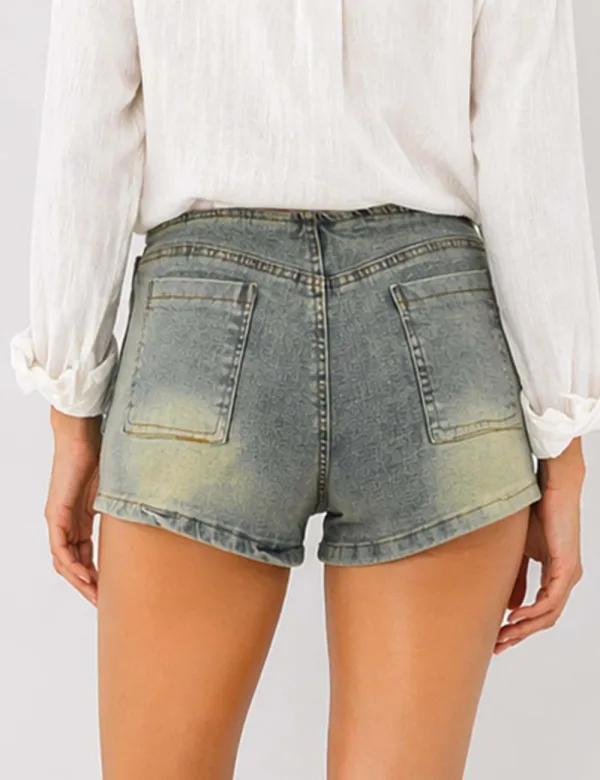 Metal Eyelet Belt Wrap Denim Mini Shorts