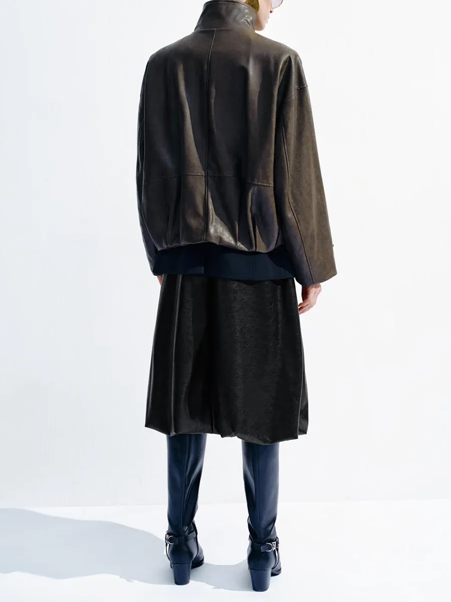 A Deep Green High-Neck Retro-Style Leather Jacket For Ladies