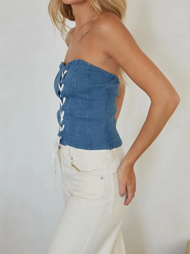 Strapless Denim Lace Up Corset