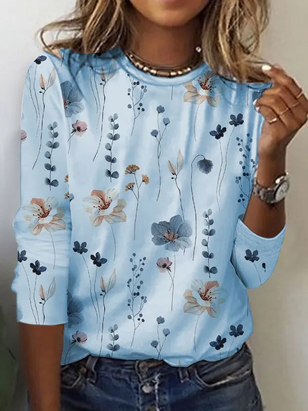 Floral Print Casual Crew neck Long Sleeve T-Shirt