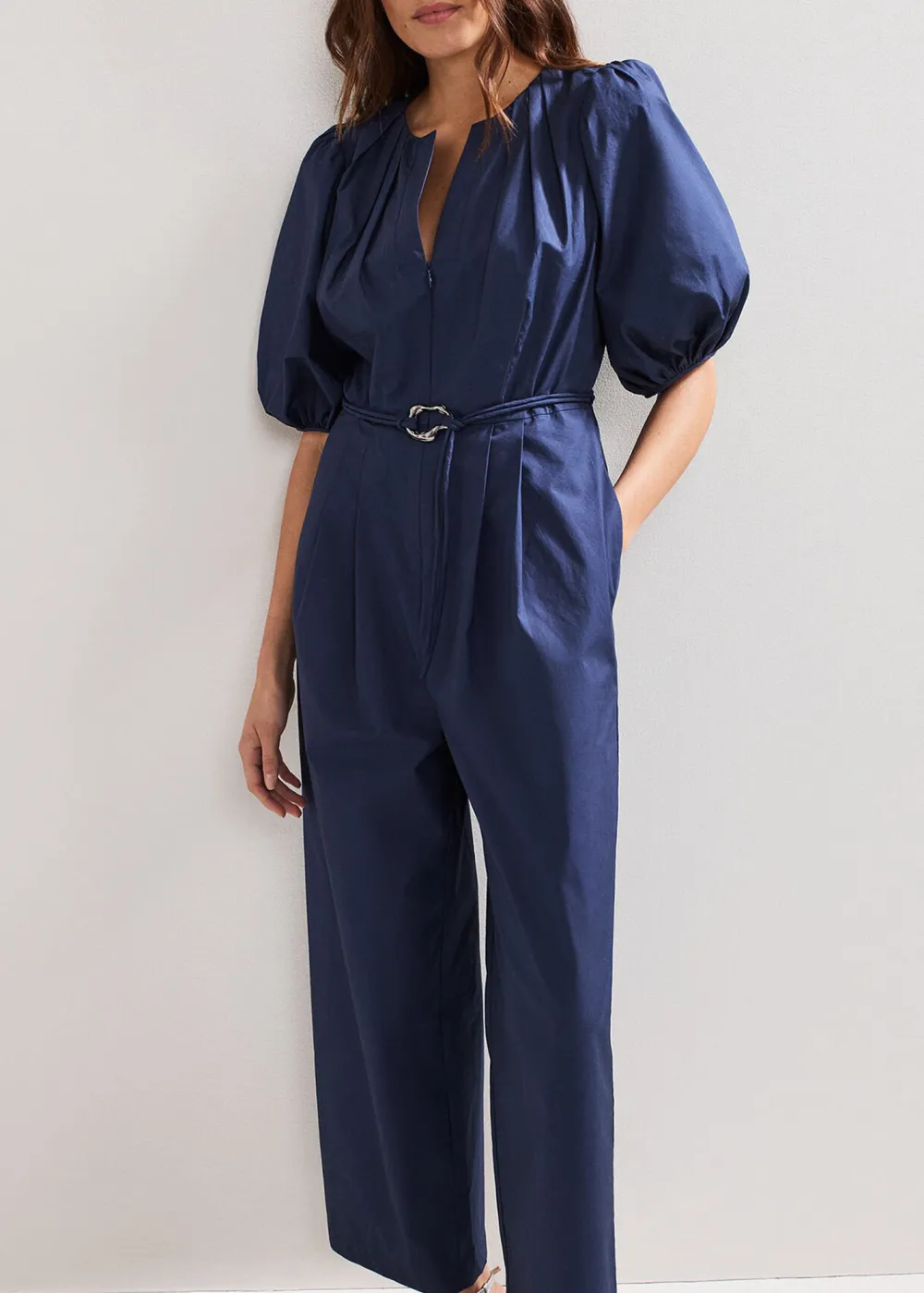 Casual And Versatile Navy Blue Puff Sleeve Women's Jumpsuit
