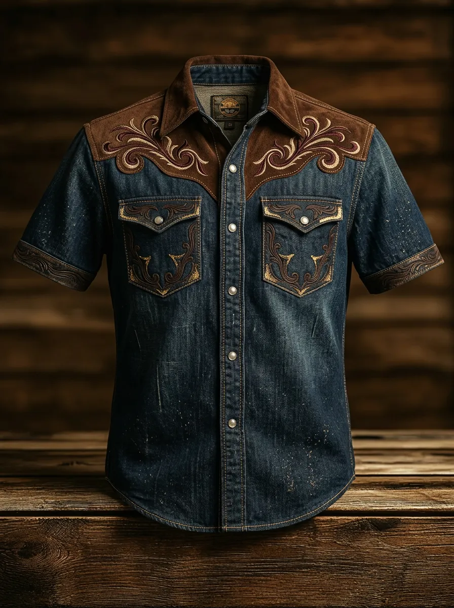 Men's Western Cowboy Floral Embroidery Suede Trim Printed Shirt