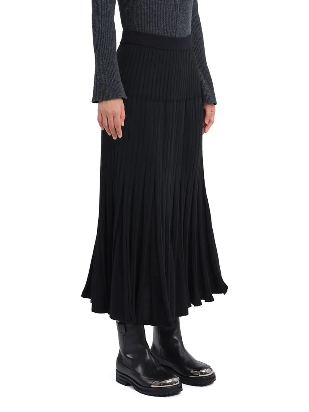Pleated Ruffle Hem Long Midi Skirt
