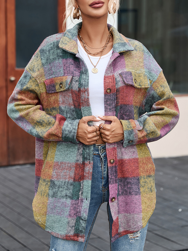 Multicolor Brushed Plaid Pocketed Oversize Shacket