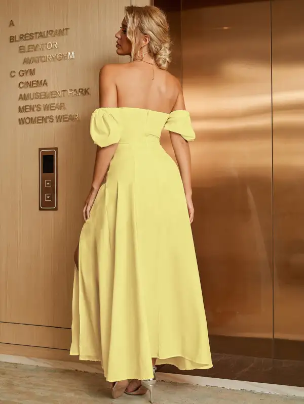 Puff Sleeve Tie Front Off Shoulder Slit Thigh Dress