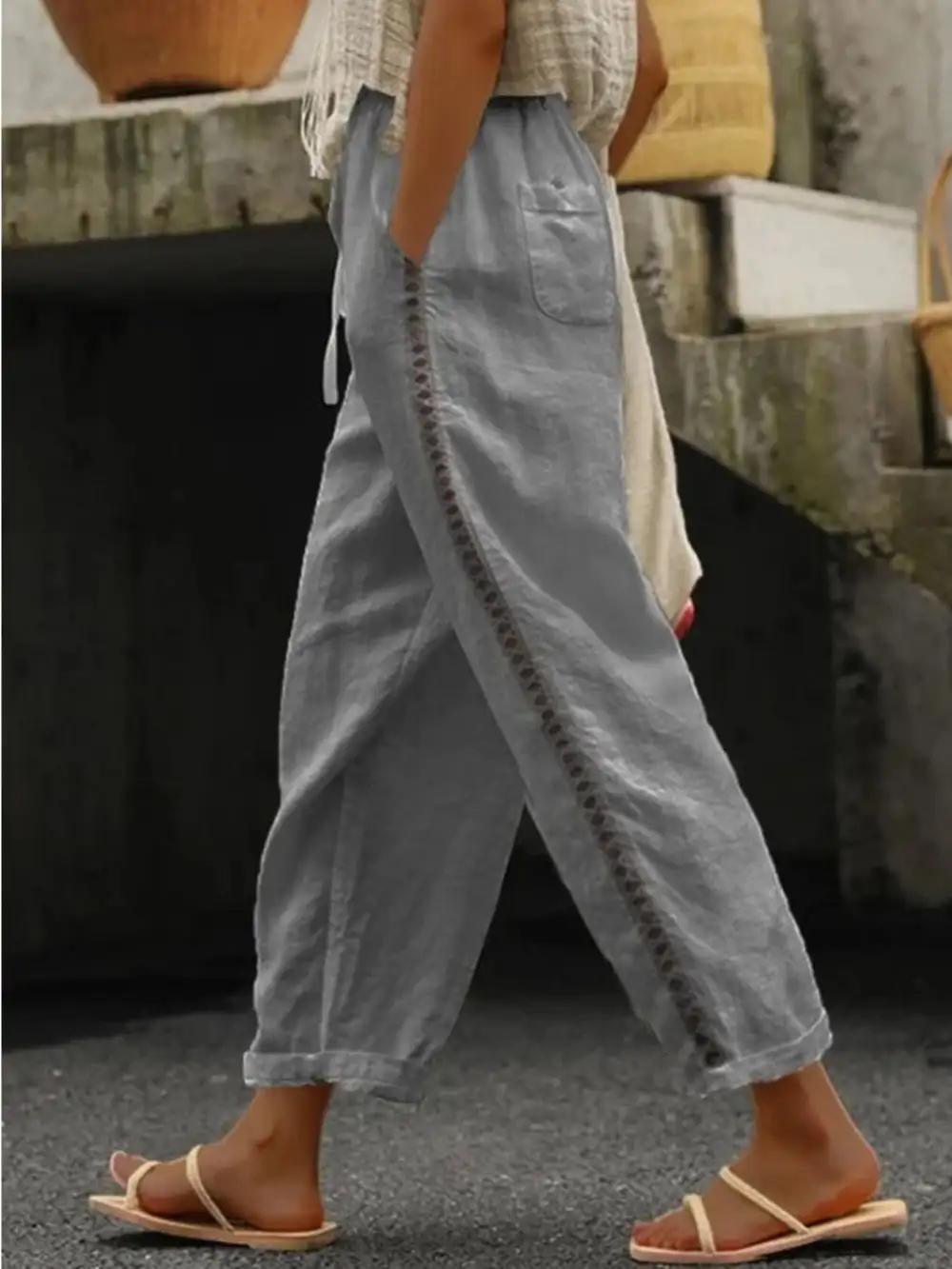 Hollow Out Trim Cropped Pants