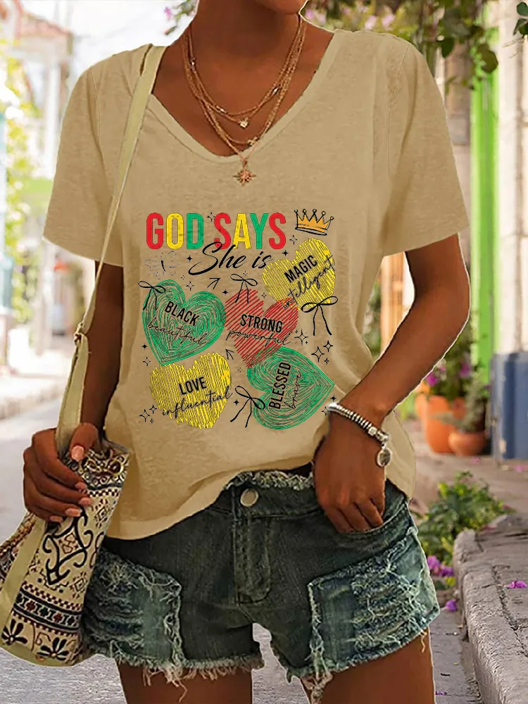 Women's God Says Black Strong Magic Love Blessed V-Neck Short-Sleeved T-Shirt