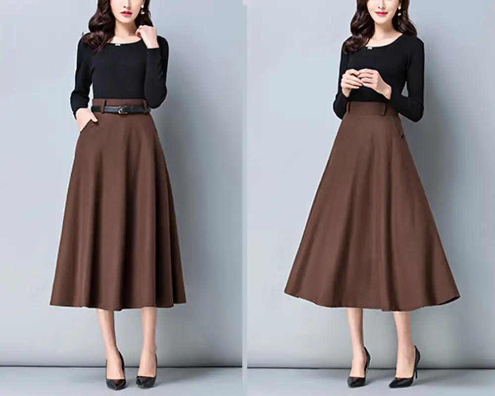 Relaxed Belted Wool Flared Maxi Skirt