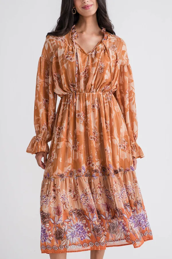 Merci Floral Border Print Midi Dress - taupe multi