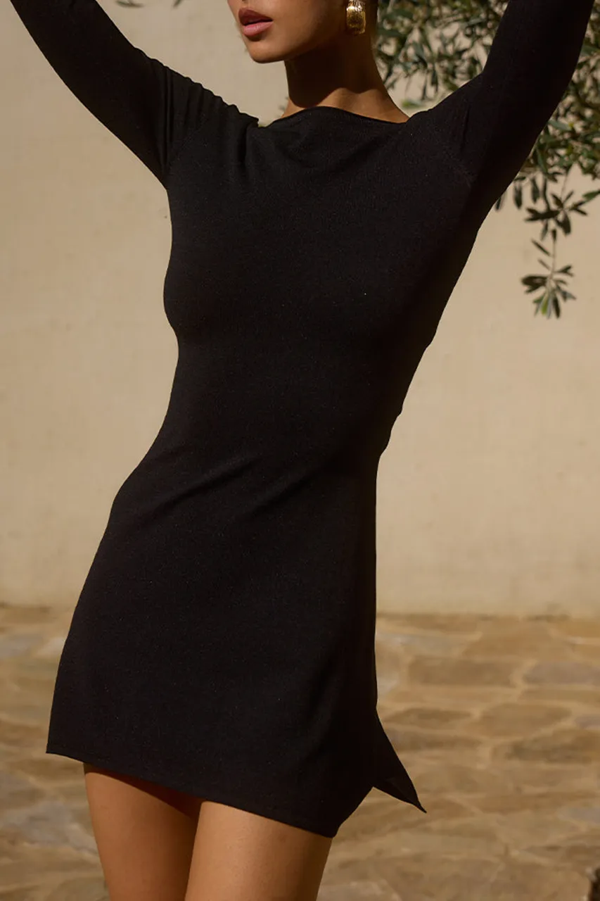 Black Long Sleeve Boat Neck Mini Dress