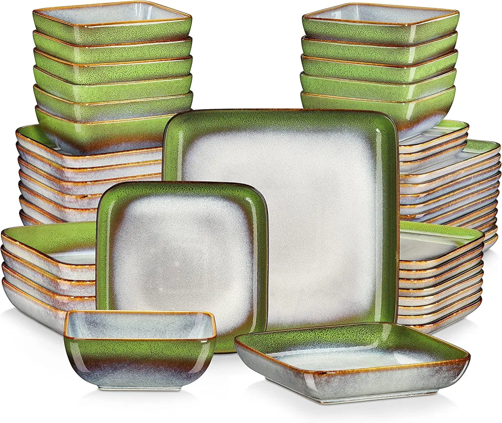 vancasso Stern Green-Blue Dinner Set- Square Reactive Glaze Tableware- 32 Pieces Kitchen Dinnerware Stoneware Crockery Set with Dinner Plate, Dessert Plate, Bowl and Soup Plate Service for 8