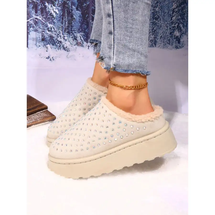 Rhinestone Round Toe Platform Slippers