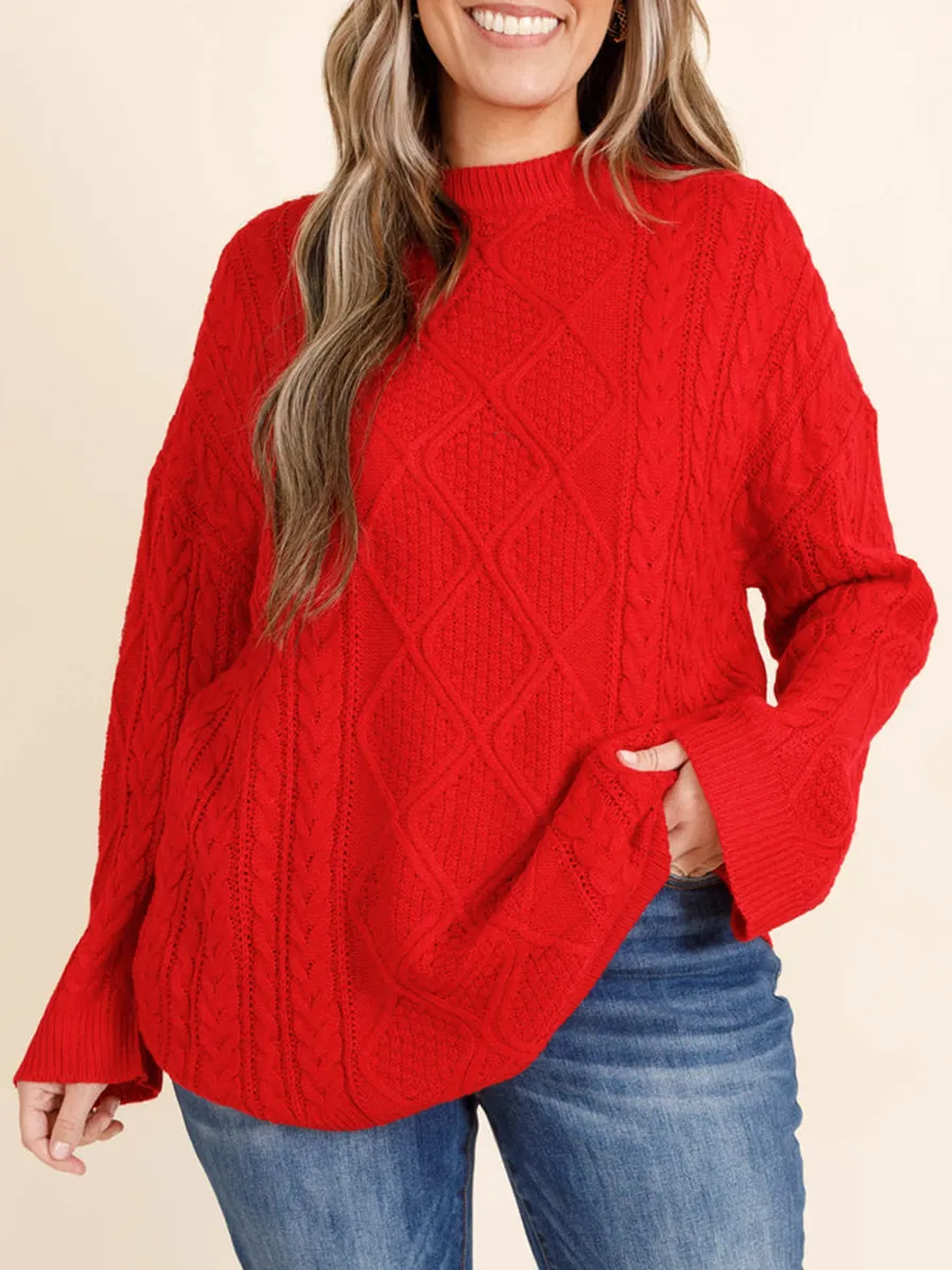 Red Jacquard Pattern Loose Knit Sweater