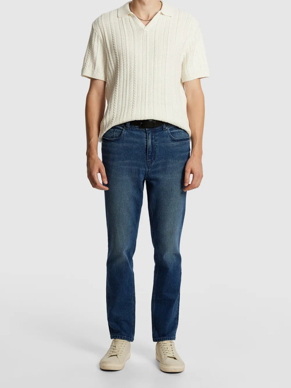 Off White Short Sleeve Cable Knit Polo Shirt