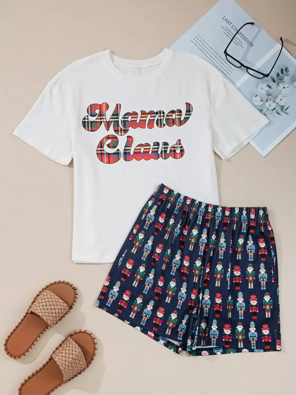 Mama Claus Plaid Letter Tee and Nutcracker Shorts 2Pcs Lounge Set