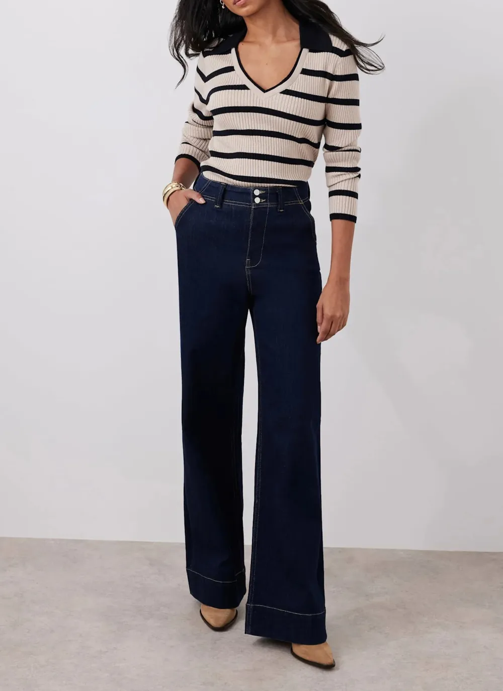 Casual Style Cream Cotton Blend Striped Ribbed Top