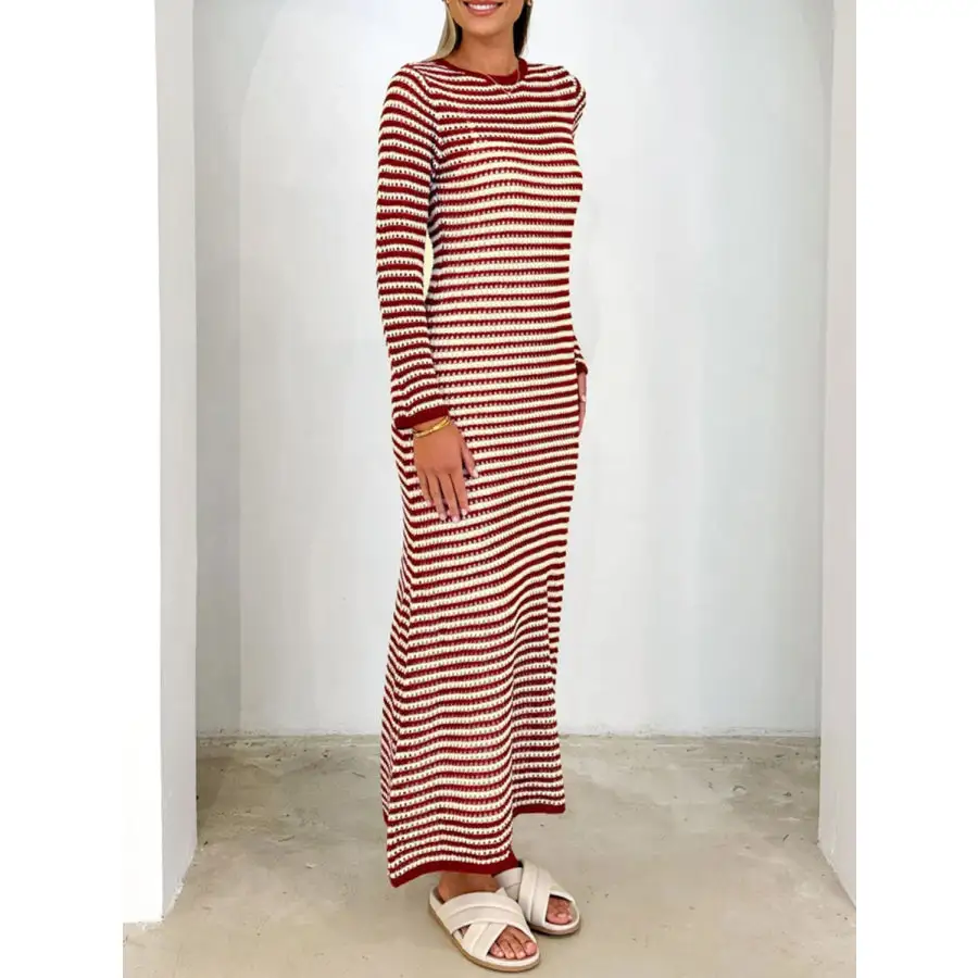 Devine Tied Round Neck Striped Sweater Dress