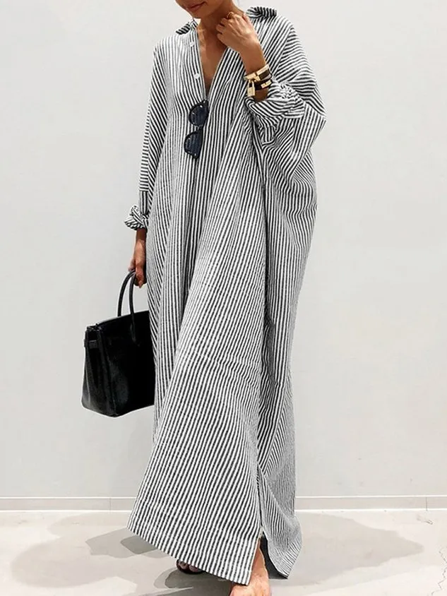 Polyester Cotton Shirt Collar Casual Striped Nightdress