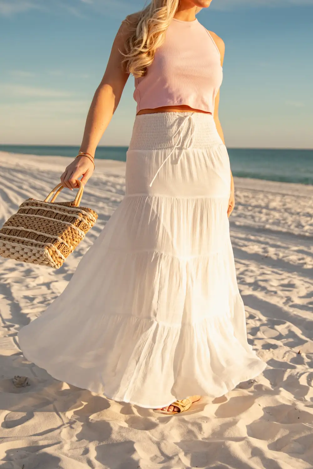 Mid Rise Smocked Tiered Maxi Skirt