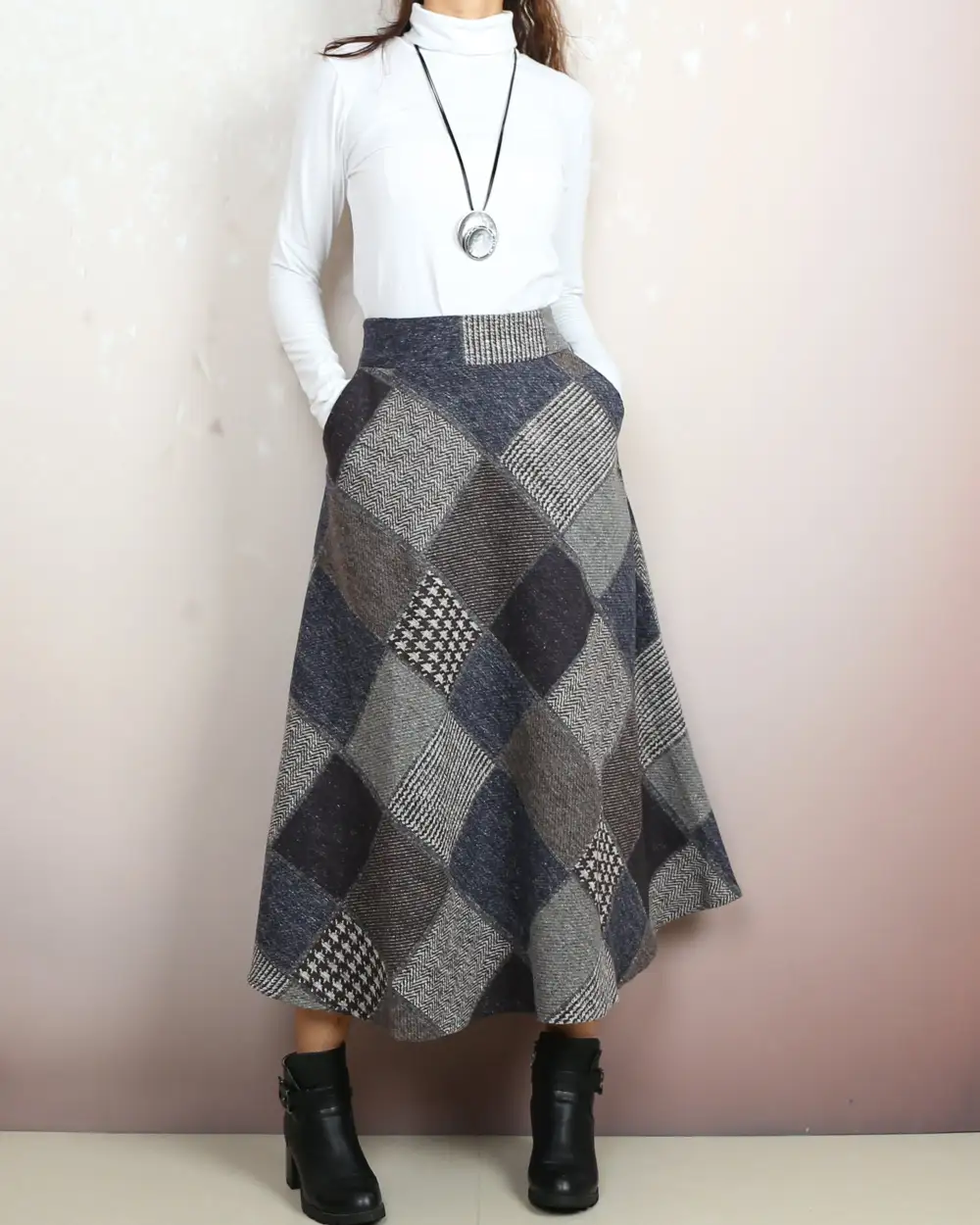 Plaid Wool Flared Maxi Skirt