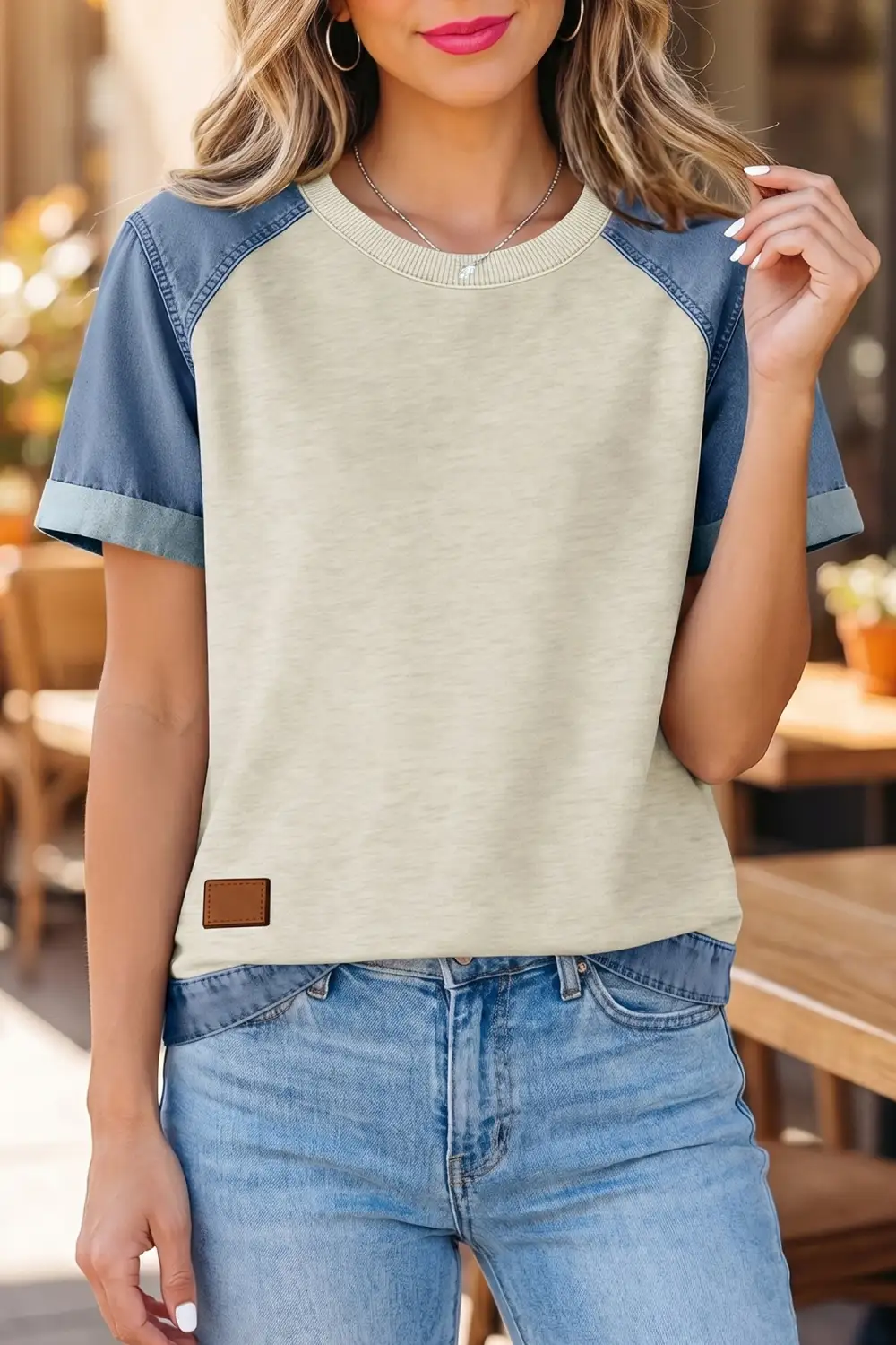 Denim Contrast Blocked Patchwork Round Neck Tee
