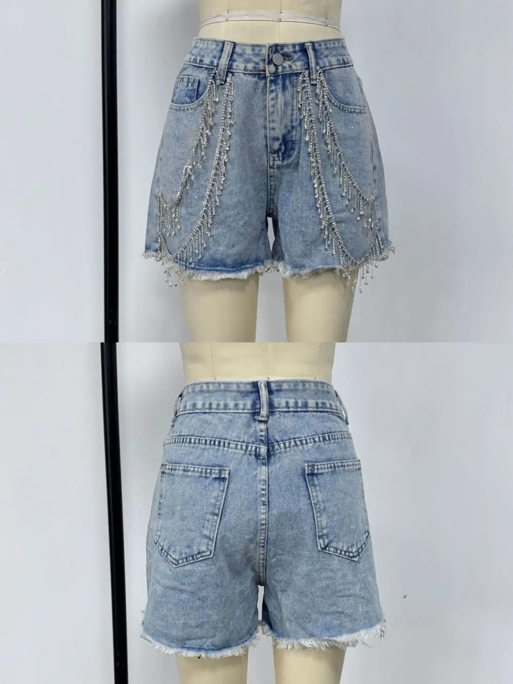 Rhinestone Chain Raw Hem Casual Shorts