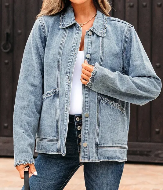 Scallop Trim Button Denim Jacket