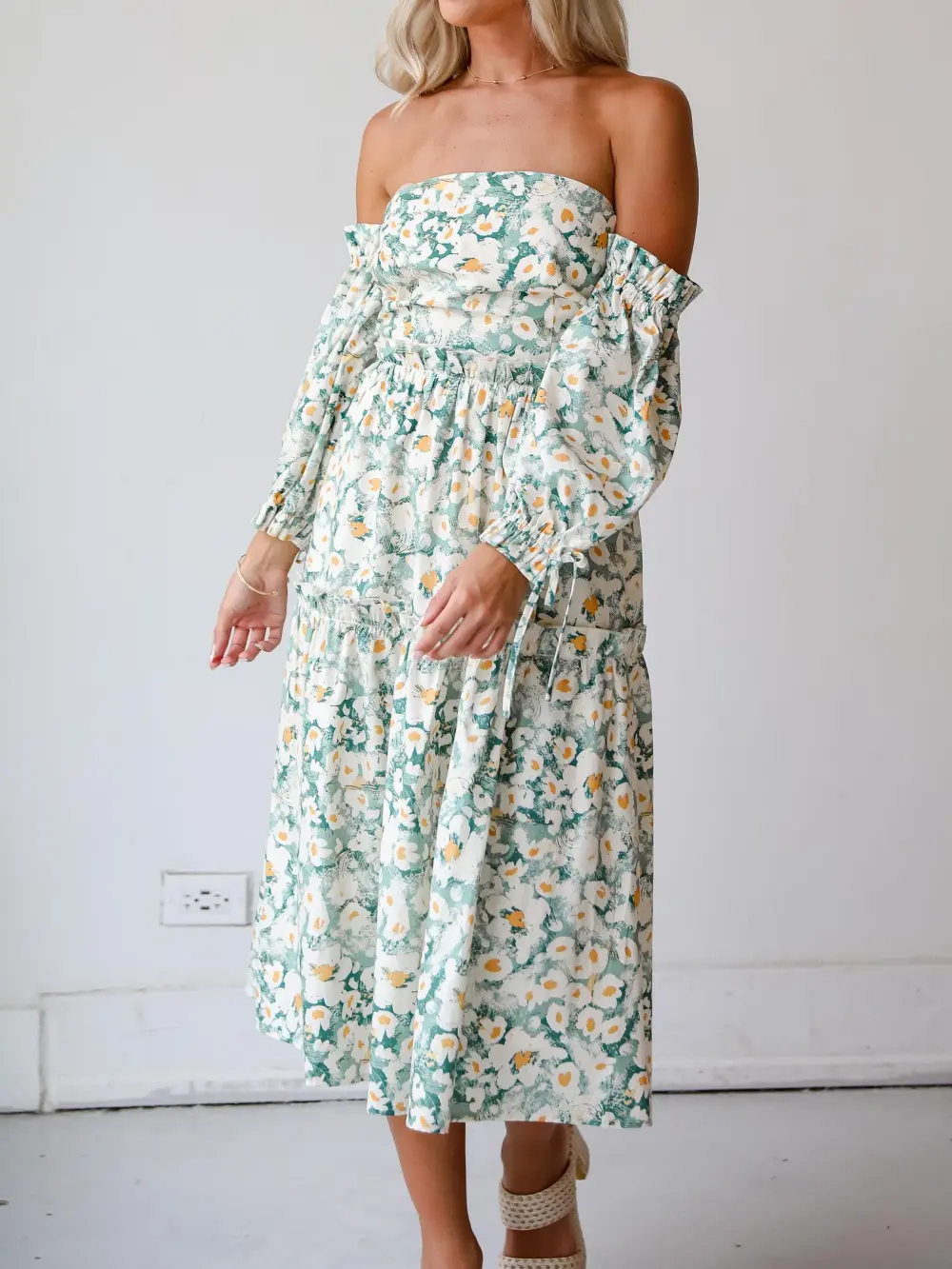 Sage Floral Off-The-Shoulder Midi Dress
