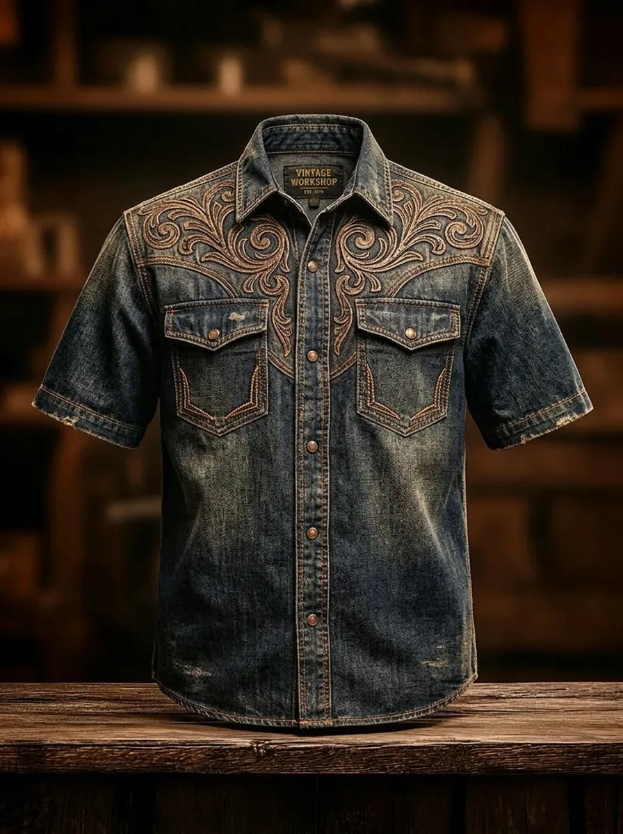 Men's Western Style Floral Embroidery Distressed Denim Printed Shirt