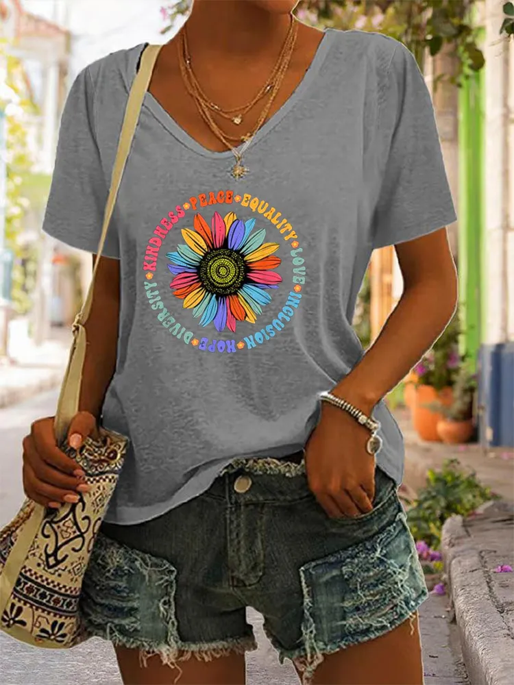 Black Floral Sunflower Pattern T-Shirt