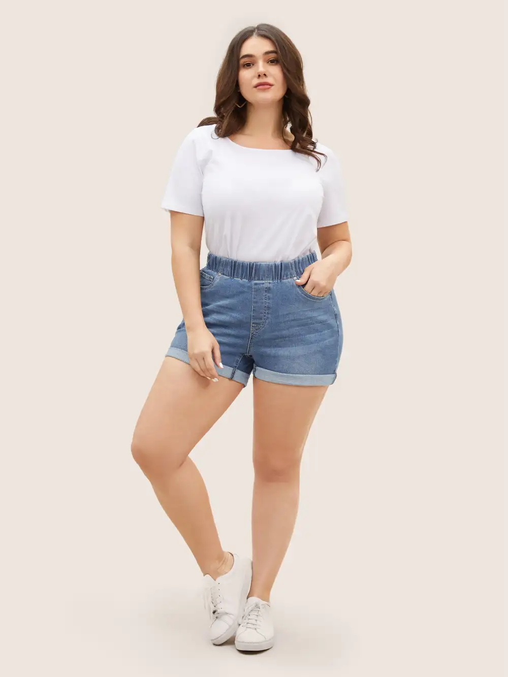 Dark Wash Elastic Waist Roll Hem Denim Shorts