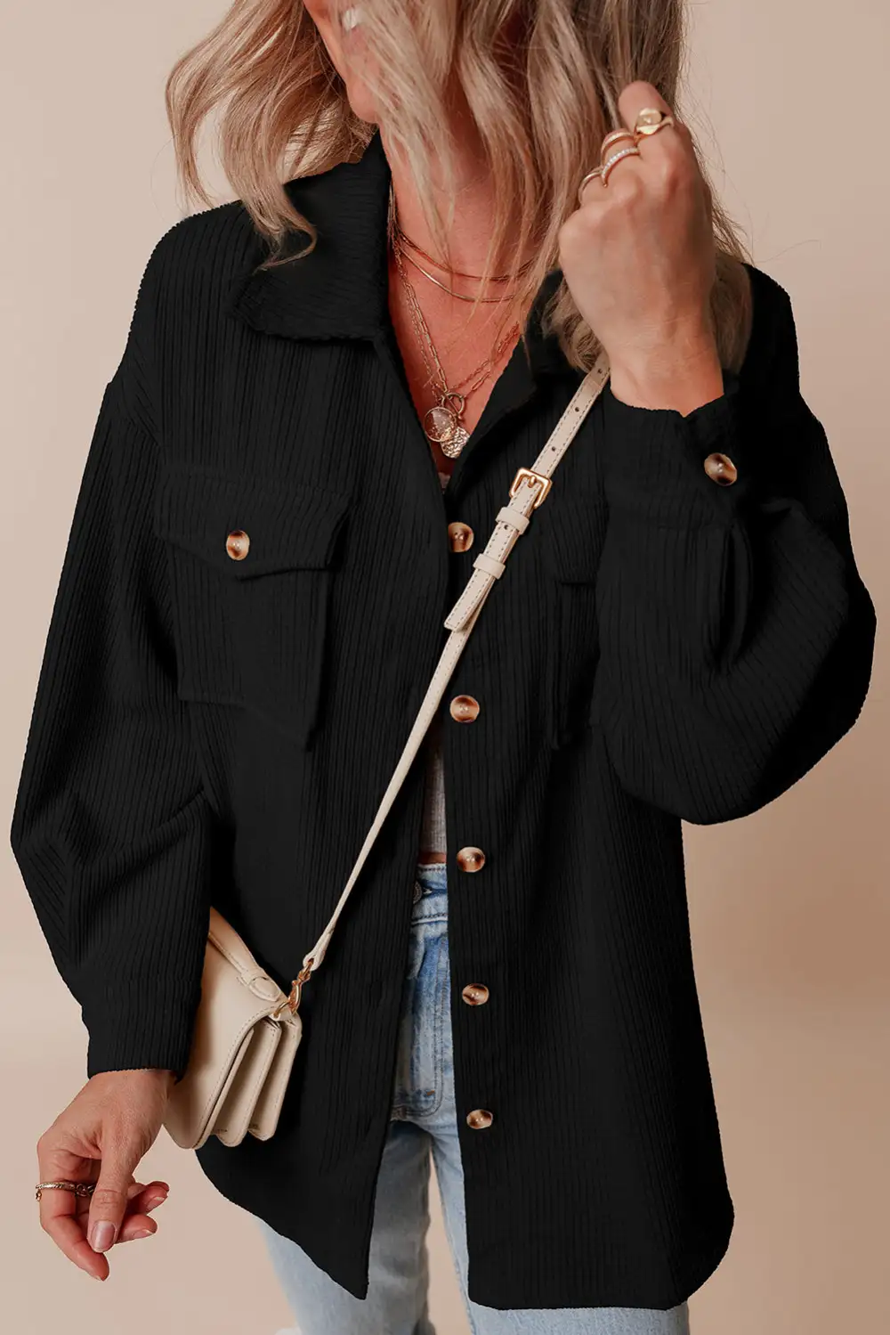 Corduroy Flap Pocket Button-Up Shirt Jacket Button