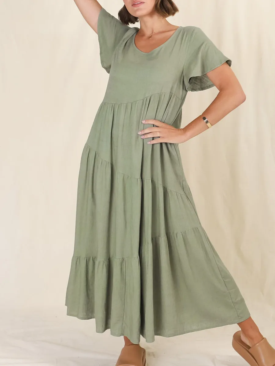 Round neck pullover cotton linen loose dress long skirt