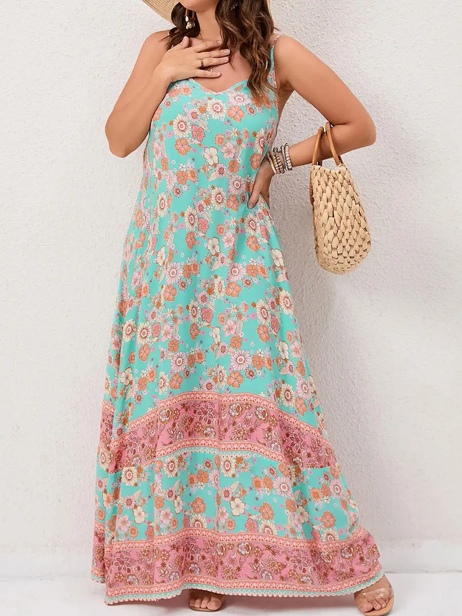 Spirit and Rebel Plus Size Floral Print Boho Maxi Dress