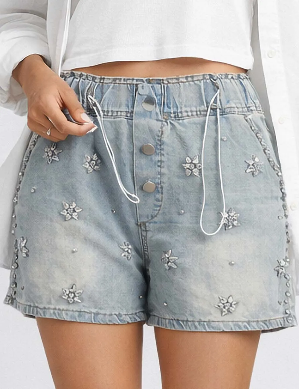 Rhinestone Star Drawstring Denim Shorts