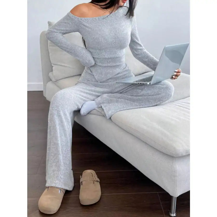 One Shoulder Long Sleeve Top and Pants Set