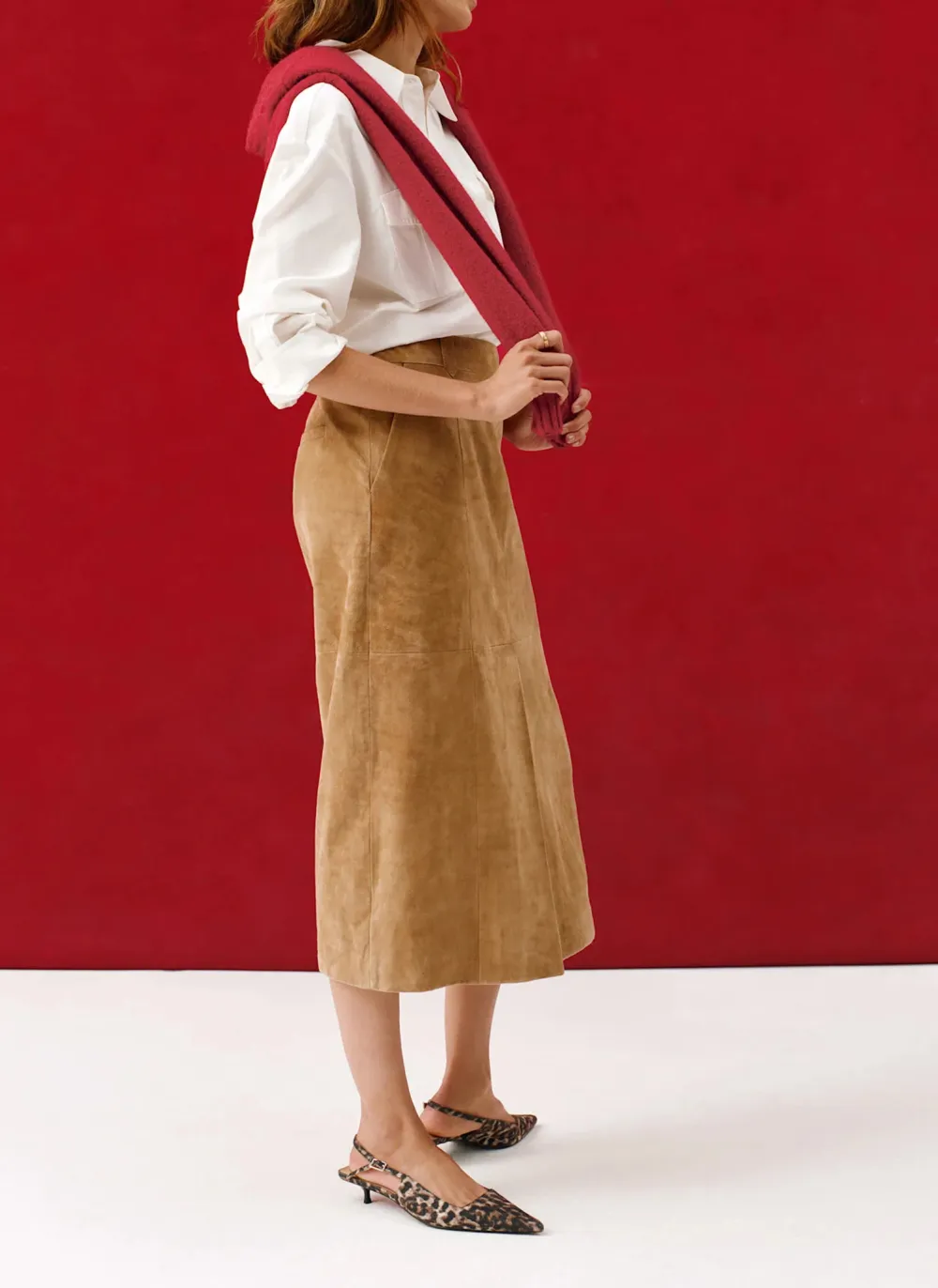 Casual Style Neutral Suede Midi Skirt