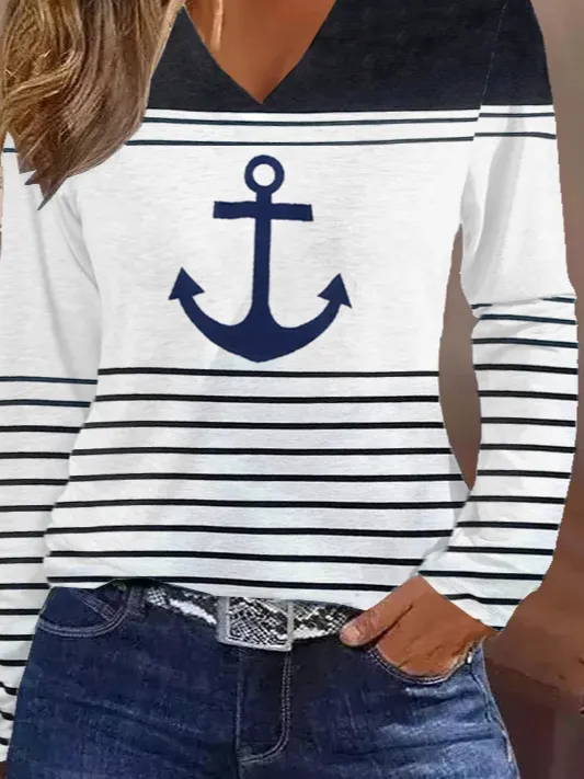 Loose Striped Anchor Casual V Neck T-Shirt