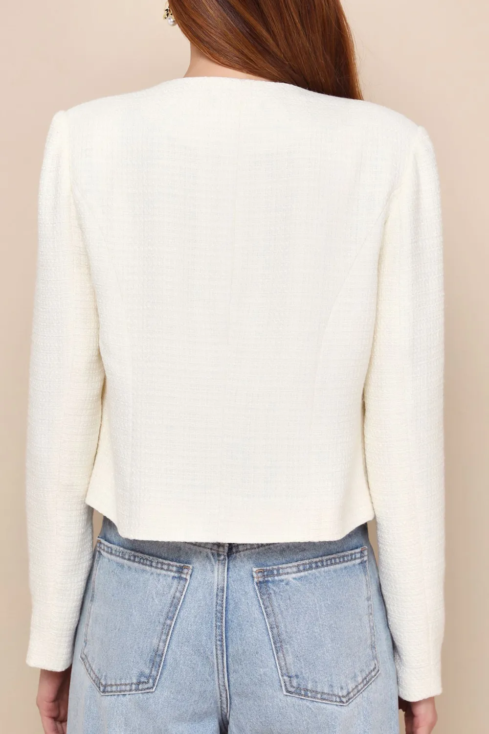 Casual Style Cream Tweed Crew Neck Button-Front Blazer