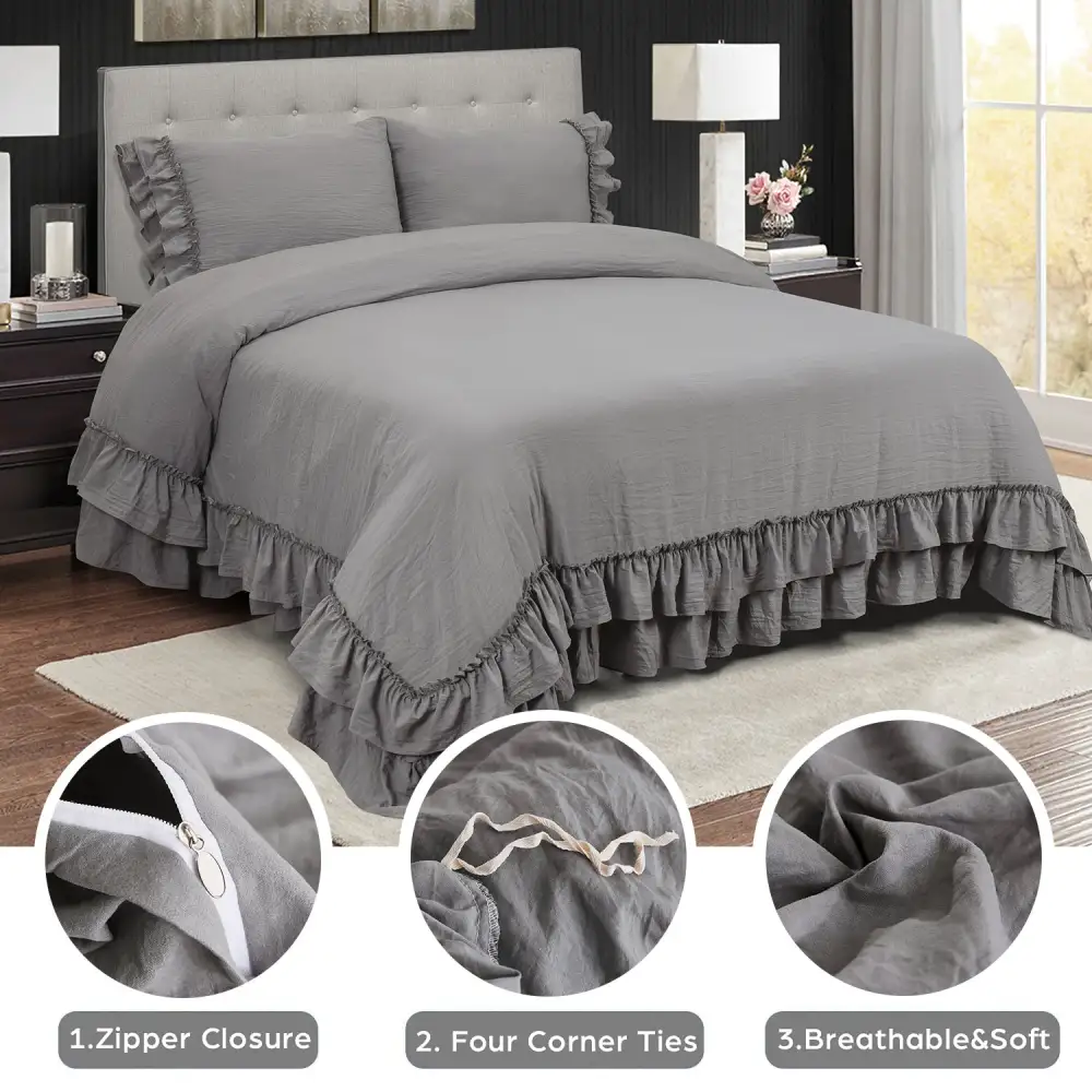 3 Piece Pre-Washed Microfiber Handmade Ruffle Fringe Duvet Cover Set-Hans